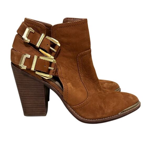 Gianni Bini Tan Suede Ankle Boots Women’s 8M Gold Buckle Block Heel Booties - Picture 1 of 8